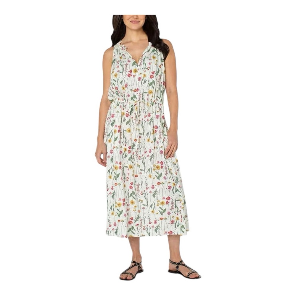 Well Worn Ladies Long Linen Blend Dress White Floral Sleeveless XL